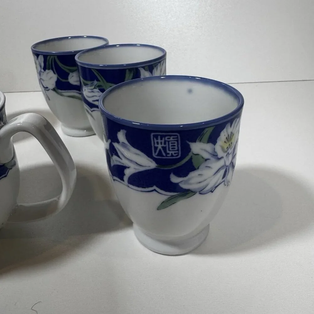 Vintage Arita Yaki Japanese Porcelain Kyusu Yunomi Tea Set Royal Iris Blue White